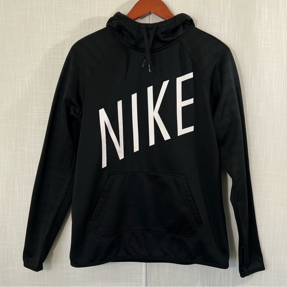 Nike Black White Logo Drawstring Hoodie Sweatshirt Size M - Picture 1 of 11